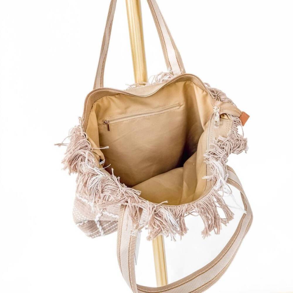 NEW PRETTY SIMPLE women's fae fringe tote bag in tan